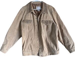 VICTOR  COSTA  Occasion SUEDE LEATHER Lined Embellished Tan JACKET Size XL